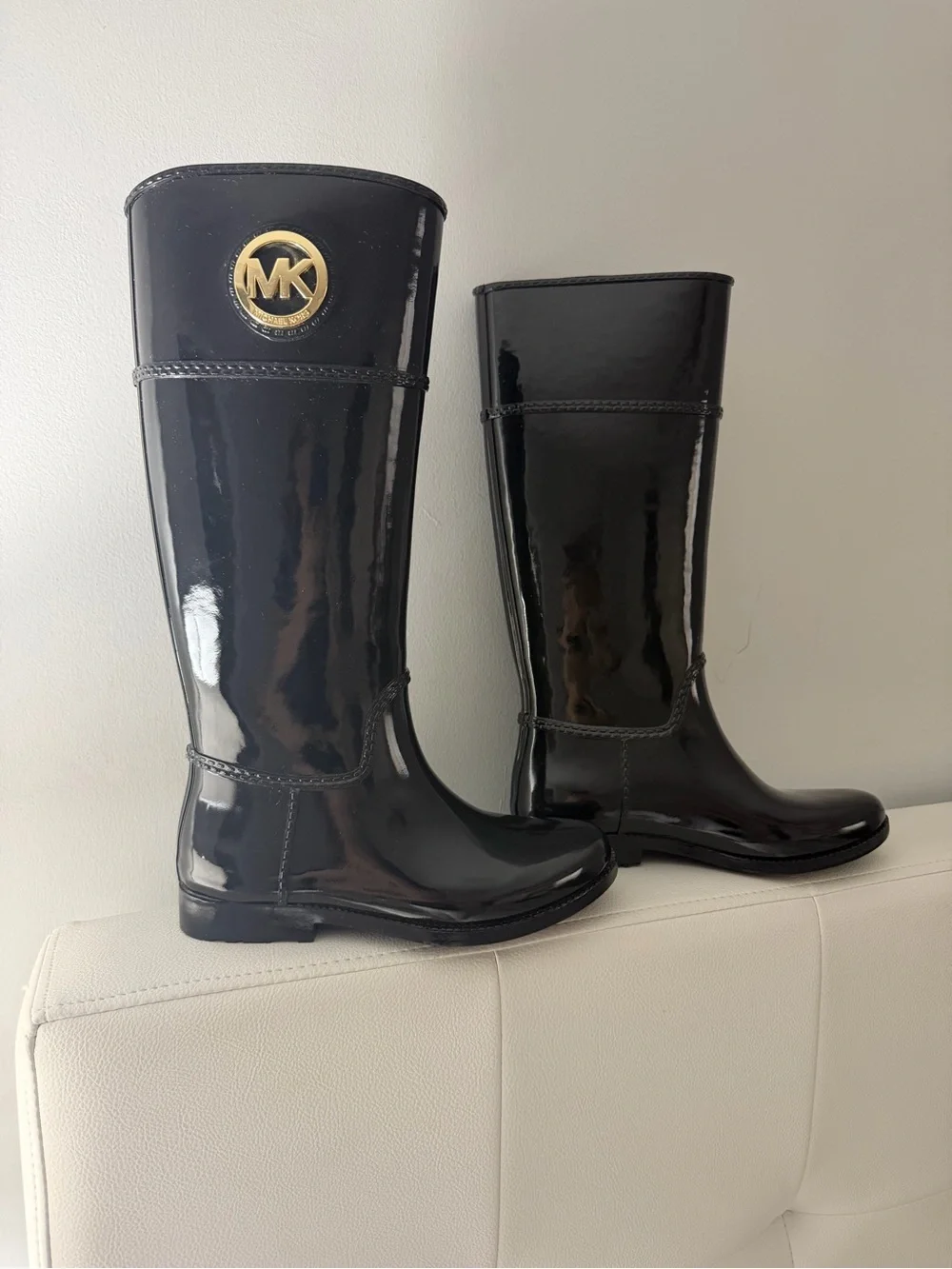 Michael Kors Black Patent Tall Rain Boots with Gold MK Medallion